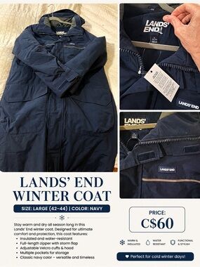 Lands' End Men's Navy Puffer Coat with Hood
